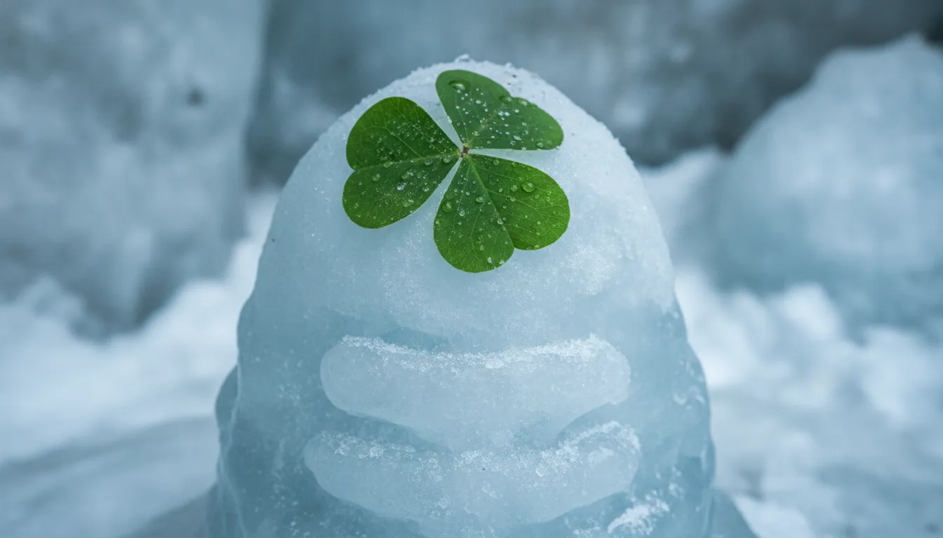 A natural ice shivling featuring a fresh vibrant green three-lobed bel patra leaf placed gently on top.