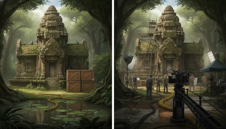 Split screen concept showing a raw historical site versus a busy movie set layout.