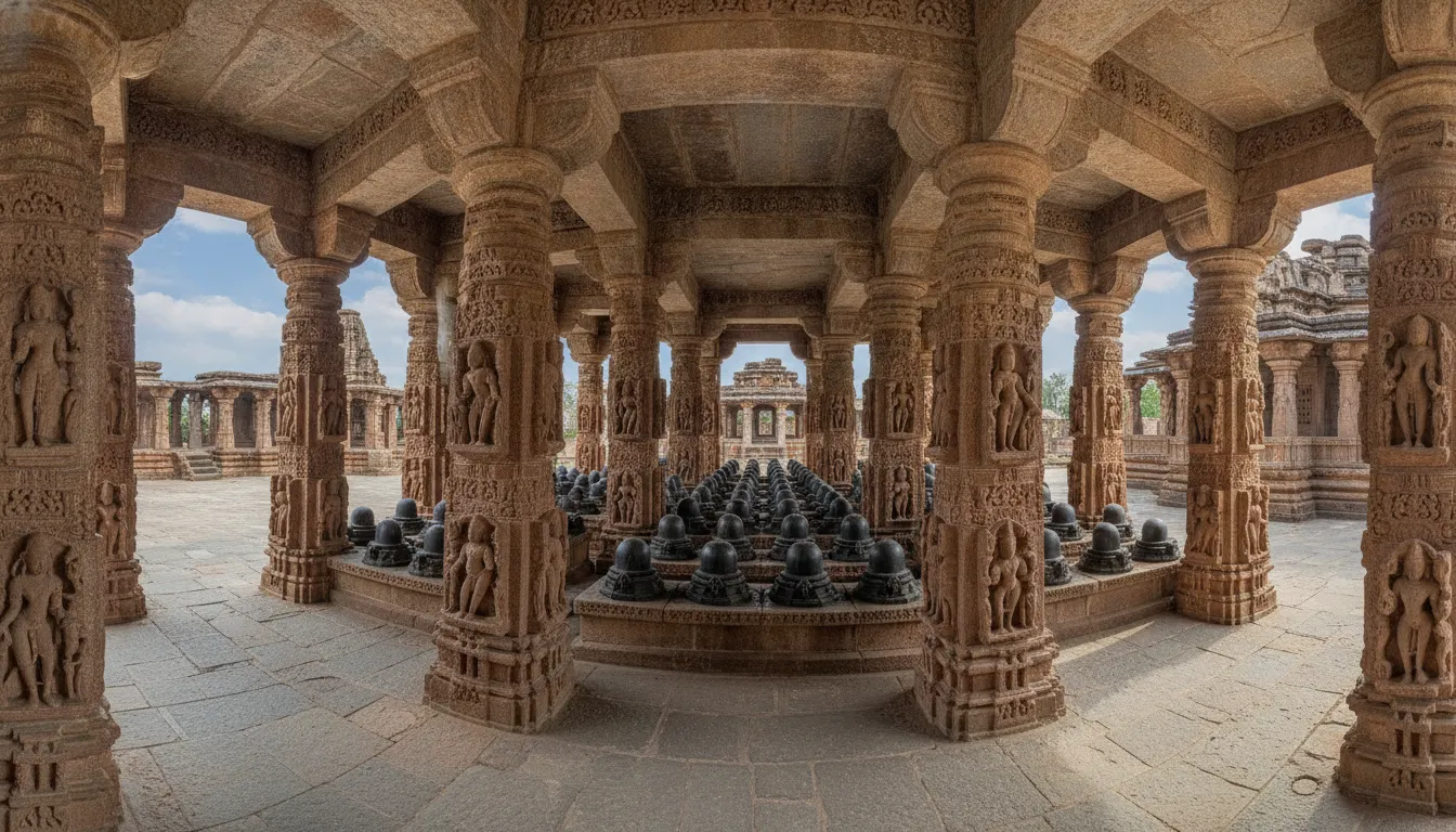 Intricate wall and pillar carvings surrounding the 108 Shivlings in Omkareshwar templAncient Architectural Carvings of Omkareshwar 108 Shivlings Halle.