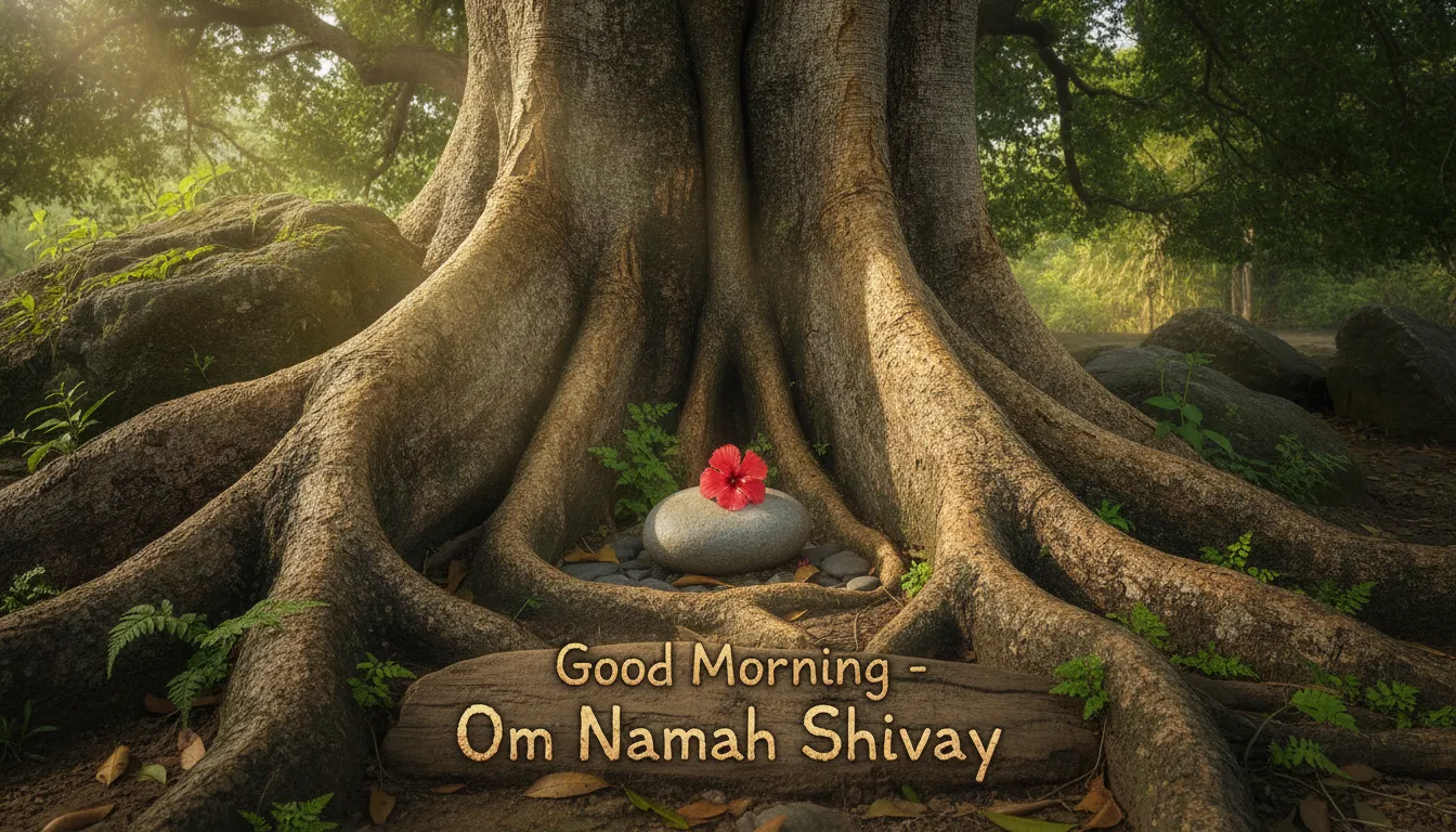 A natural stone Shivling sitting safely within the roots of a giant banyan tree in the morning light.
