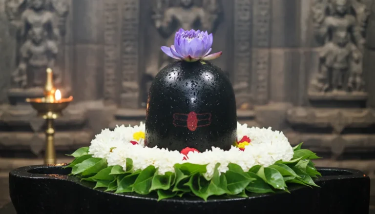 A close-up of an ancient black stone Bhole Nath Shivling decorated with flowers.