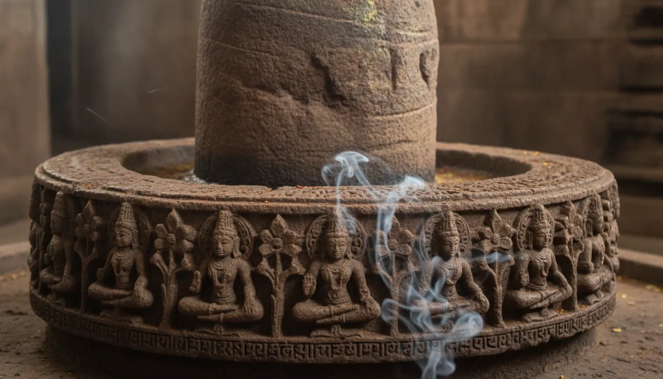 Close-up of an ancient stone Shivling featuring intricate historical carvings of deities at its base.