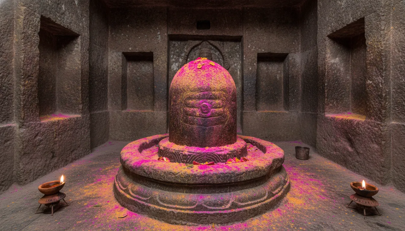 Ancient rock-cut cave temple housing a Lord Shivling decorated with traditional gulaal.