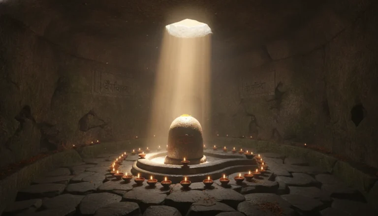 Full HD image of an ancient stone Shivling inside a mystical cave illuminated by diyas.