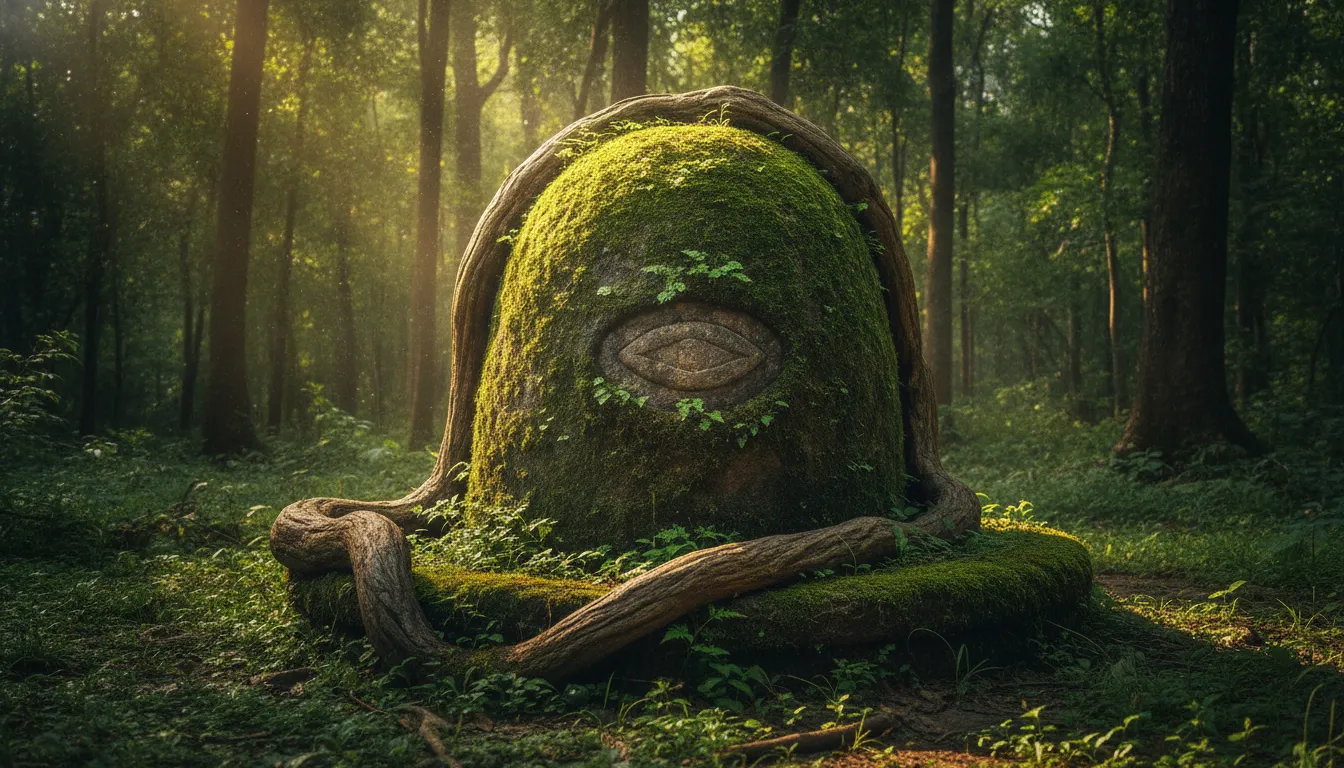 An ancient, moss-covered stone Shivling sitting deep inside a green forest with a natural eye-shaped root pattern.