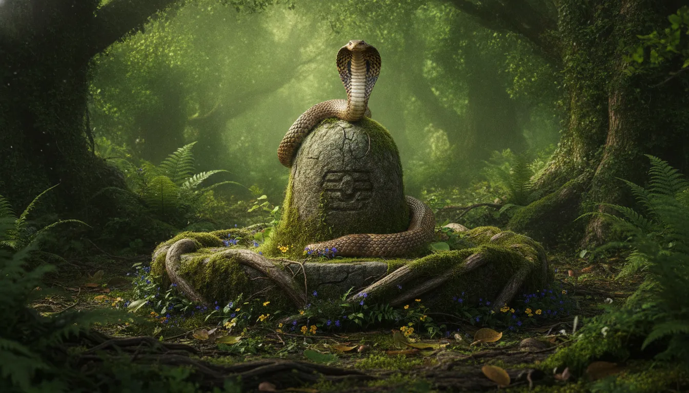 A stone Shiva Lingam surrounded by green moss and tree roots in an ancient forest with a cobra resting on top.