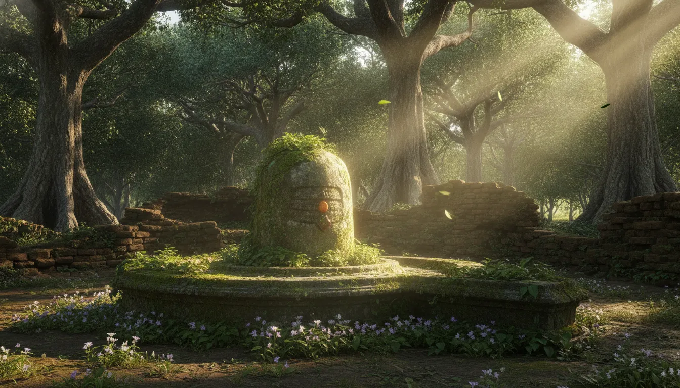 An ancient stone Shivling discovered inside a mystical, moss-covered deep forest with sunbeams streaming down.