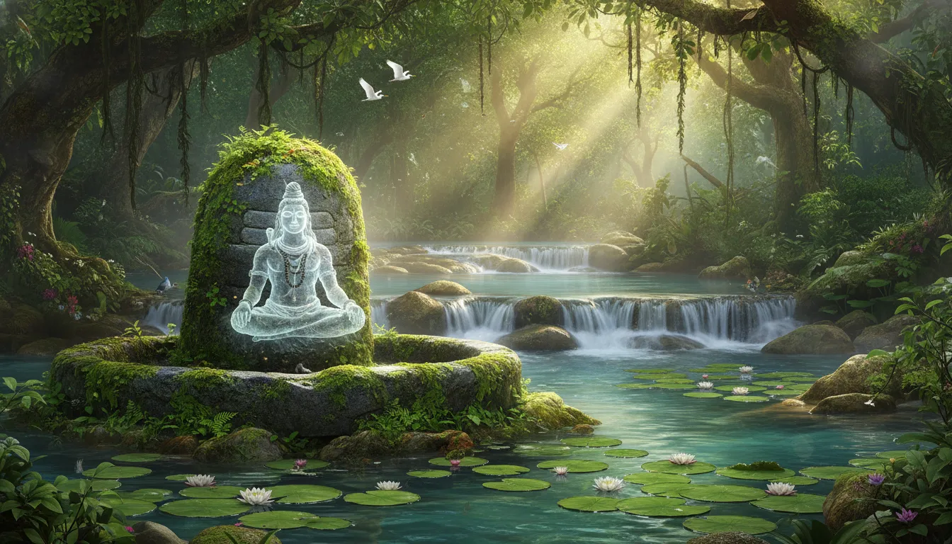 Mystical forest temple setup with bhole nath sitting inside a stone shivling hd wallpaper