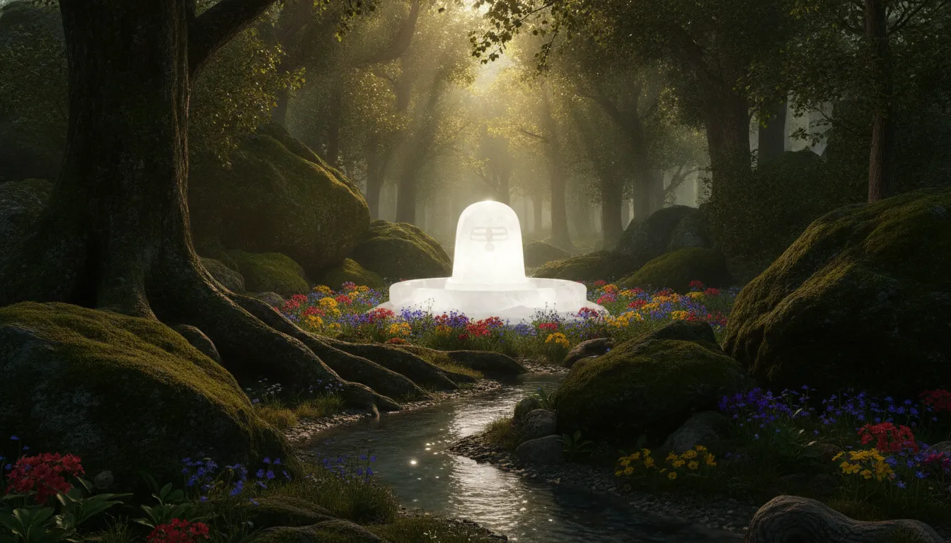 Bahubali 2 white colour shivling image nestled inside a deep green mystical forest surrounded by old trees and soft moss.