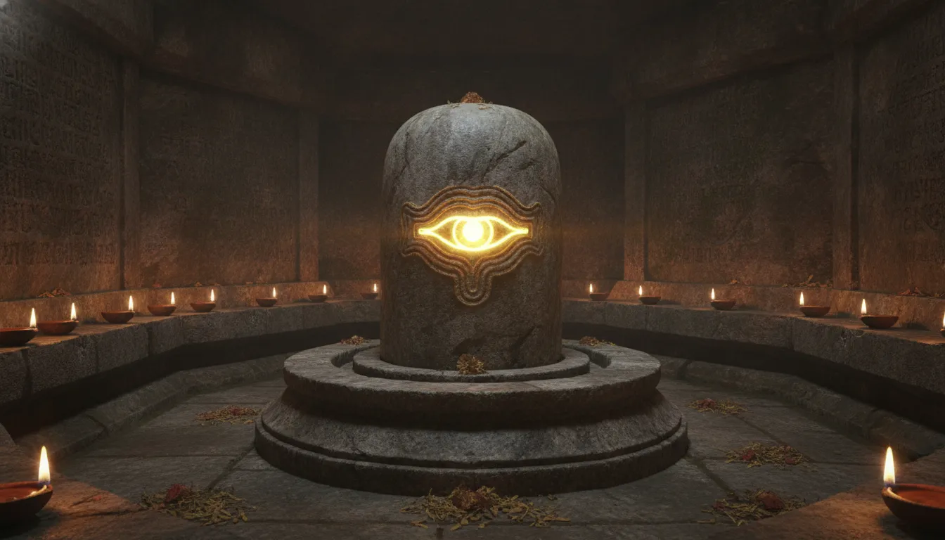 Historical stone carved open eye images of shivling inside a stone temple.