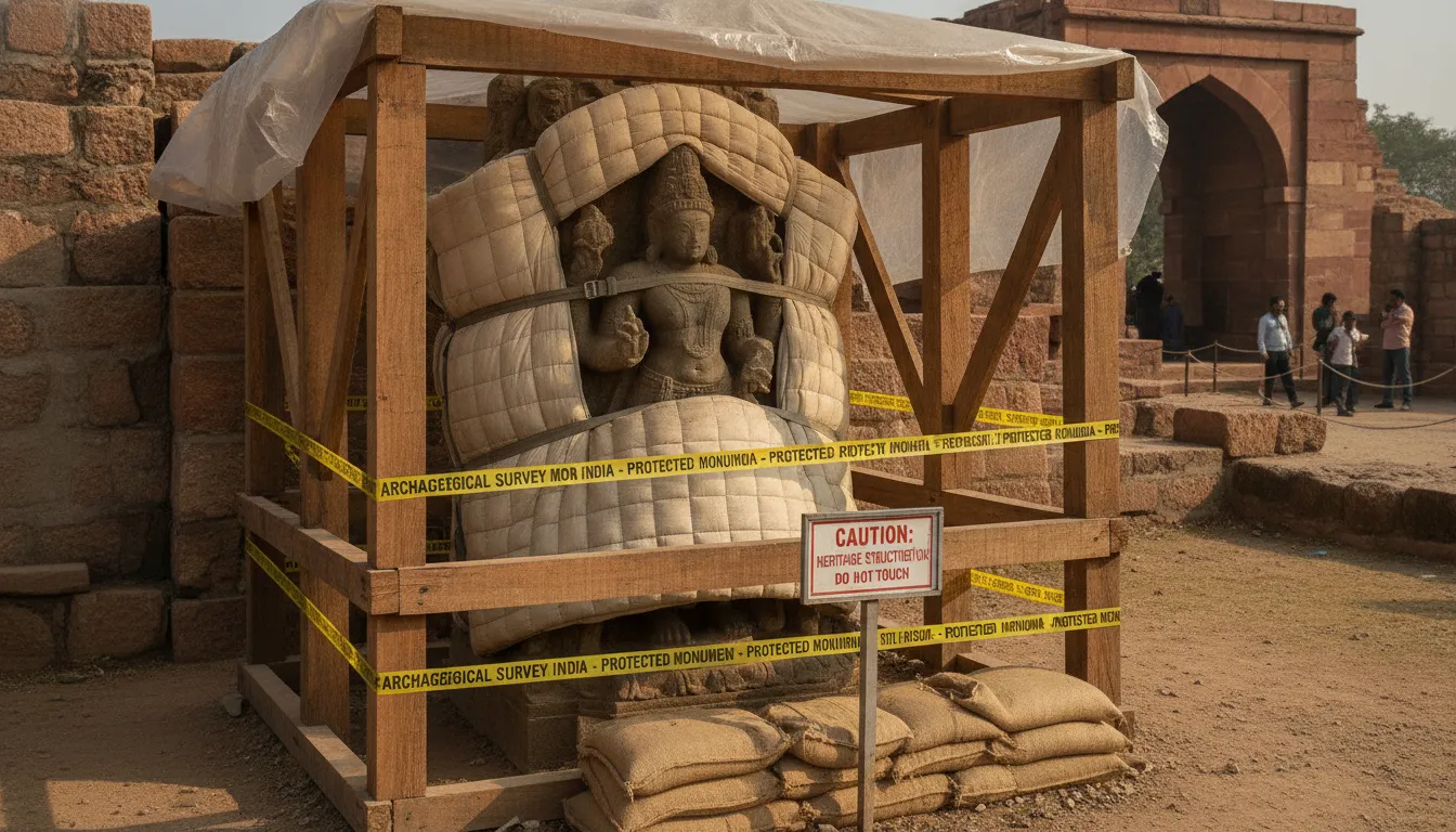 Visual guide on how ancient stone structures are protected during public events.