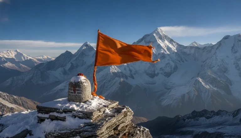 An ancient stone Shivling placed high up in the snow-capped Himalayan mountains under a clear blue sky.