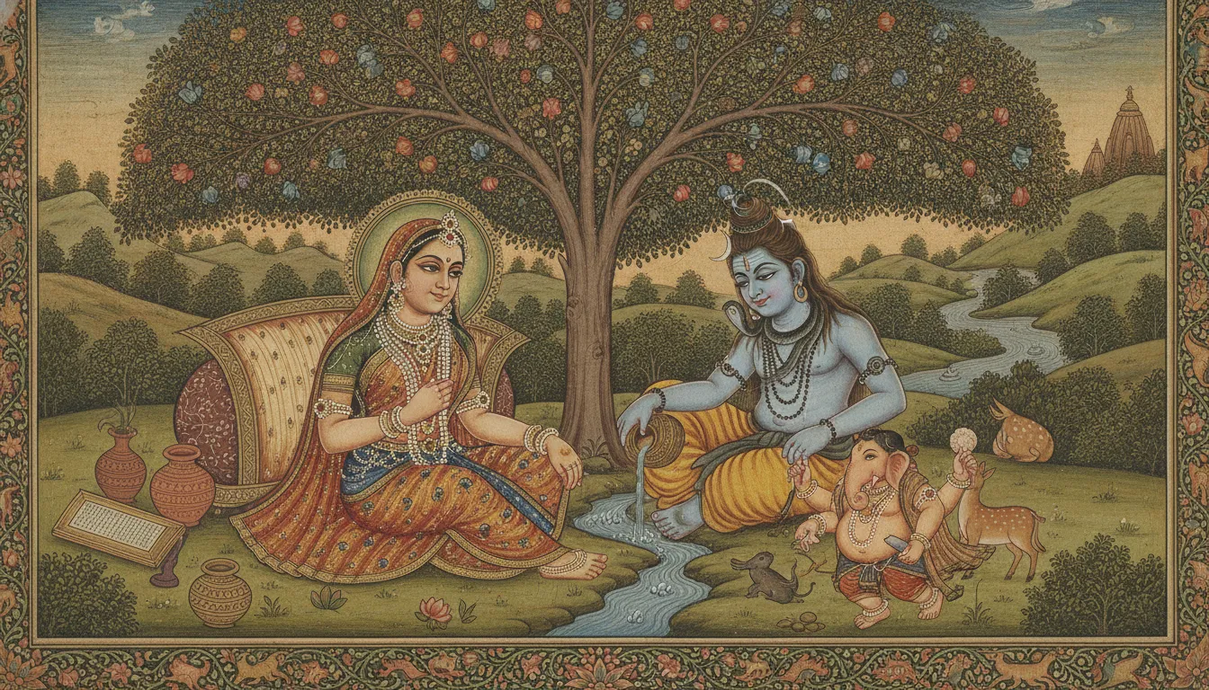Ancient Indian miniature painting of Shiva Parvati family under a sacred tree
