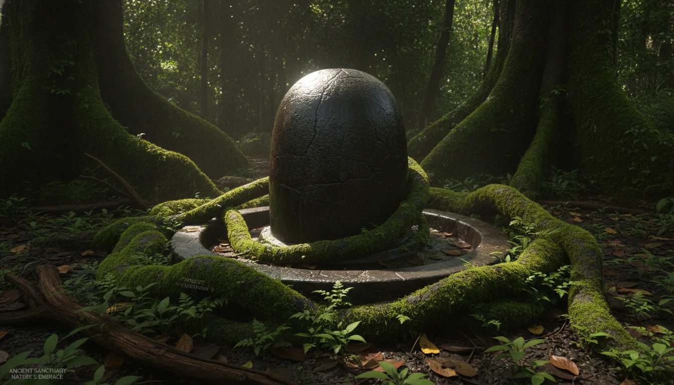 An amazing ancient black stone shivling wrapped naturally by green mossy tree roots in a forest.
