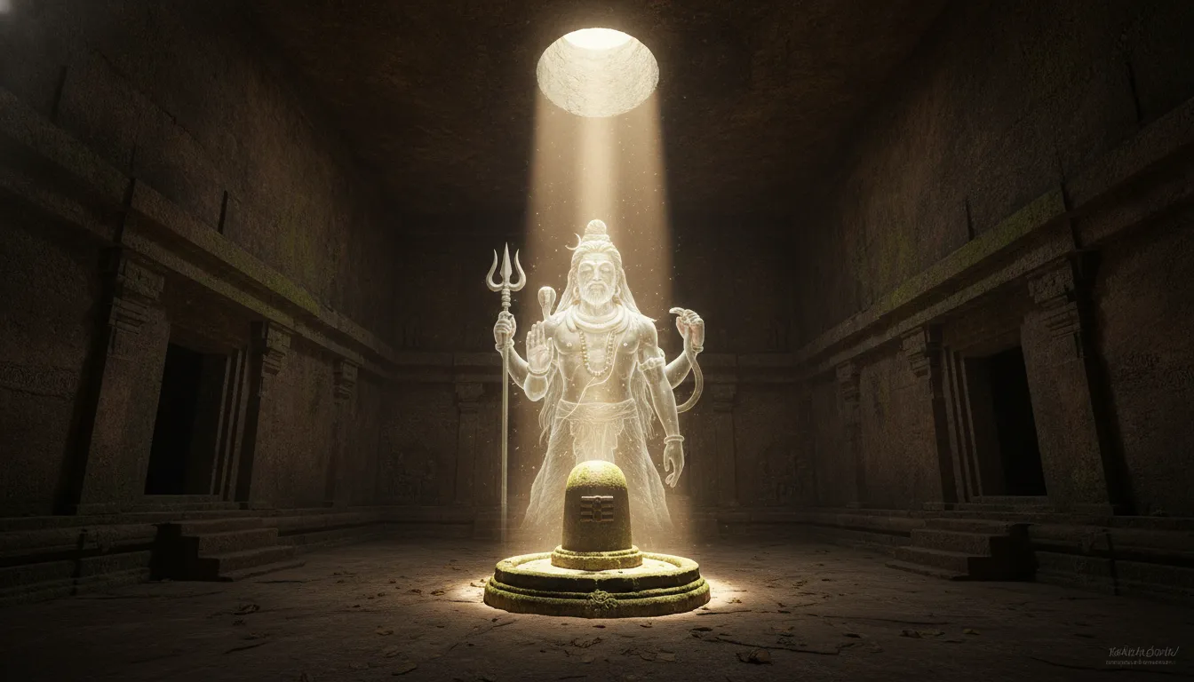 A photorealistic historical cave temple image of lord shiva in shivling illuminated by a single shaft of sunlight.