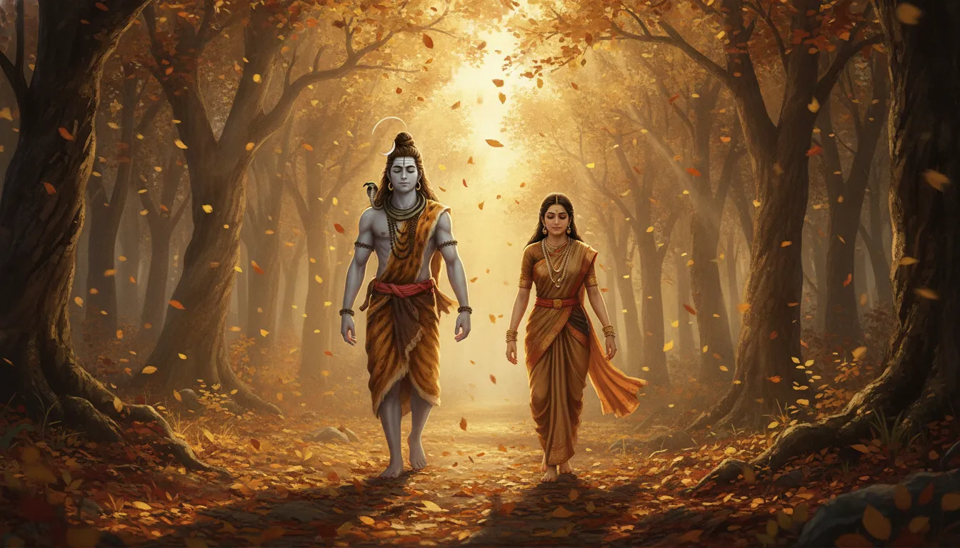 Lord Shiva and Parvati walking on a path covered with golden autumn leaves