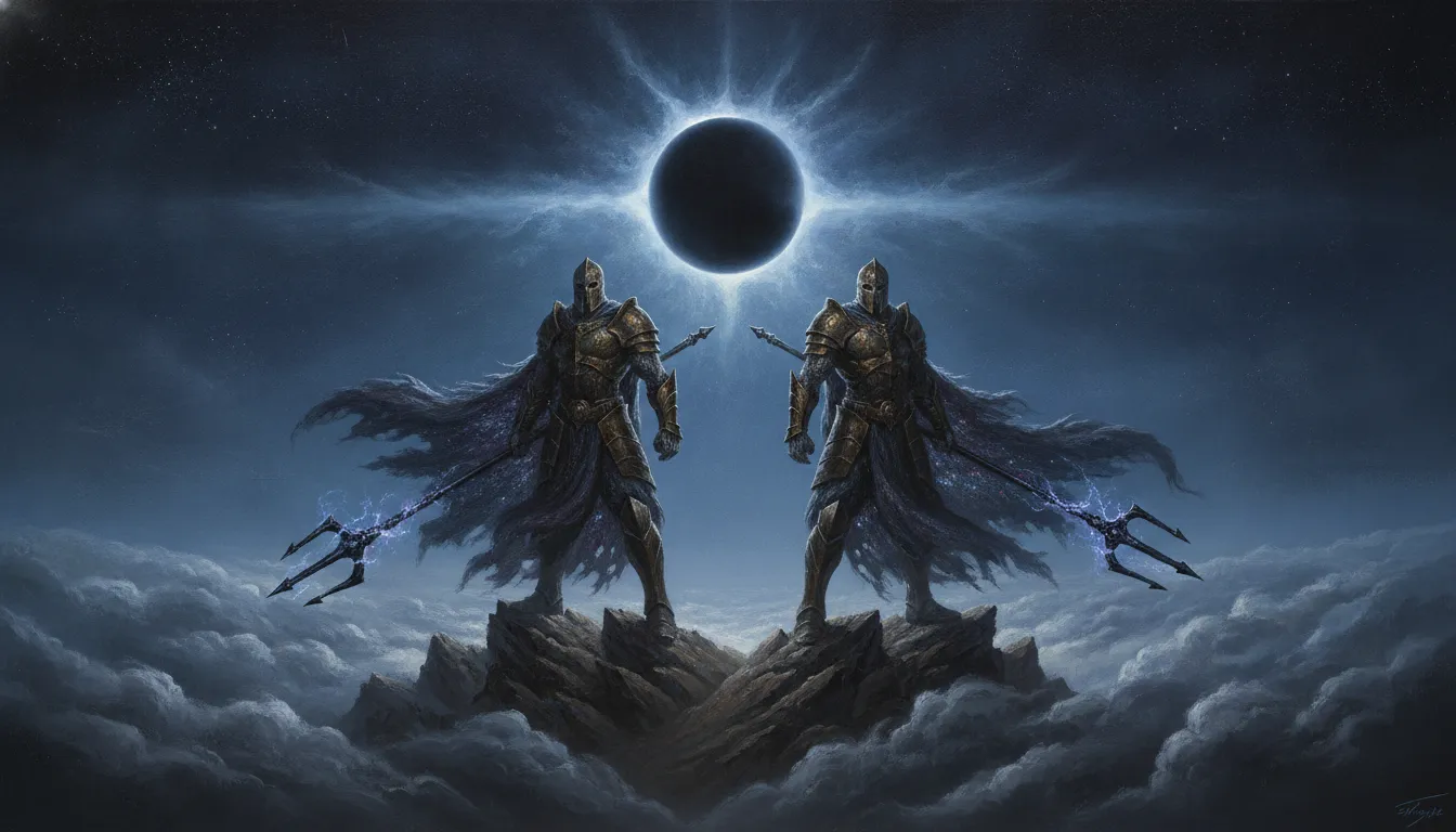 Two warrior-like divine figures holding tridents on a misty peak under a dark solar eclipse.