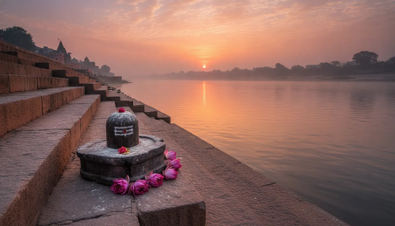 Ancient shiv temple shivling images showcasing a historical stone Shivling on the edge of an ancient riverbank during sunrise.