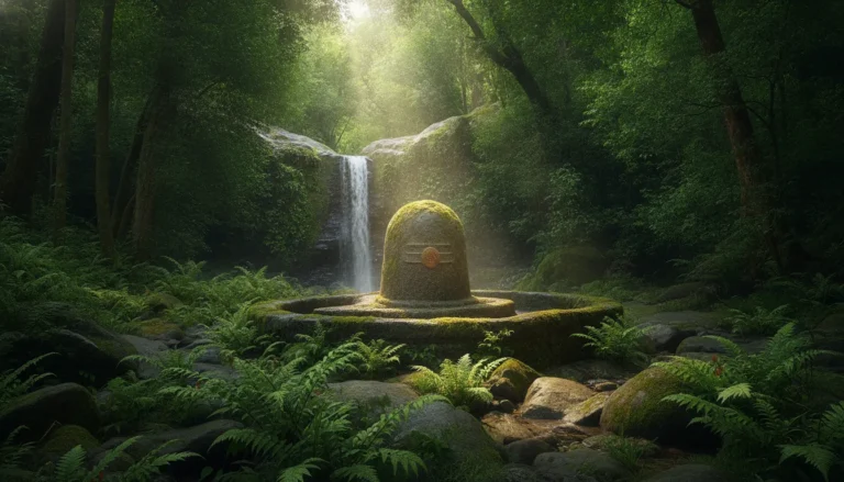Natural rock shivling situated inside a dense, green forest with waterfalls.