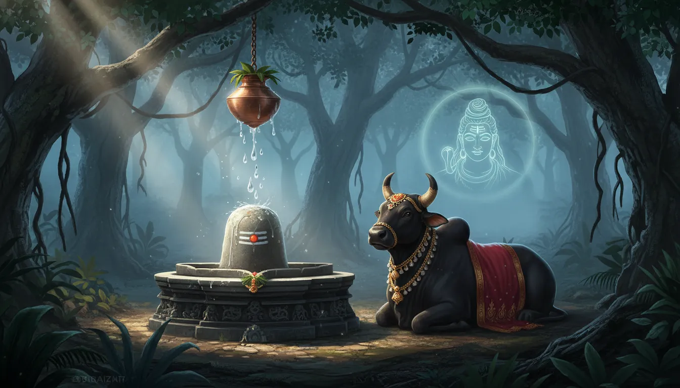 1080p hd image of an ancient forest shrine featuring Bholenath Shivling and Nandi during a misty twilight.