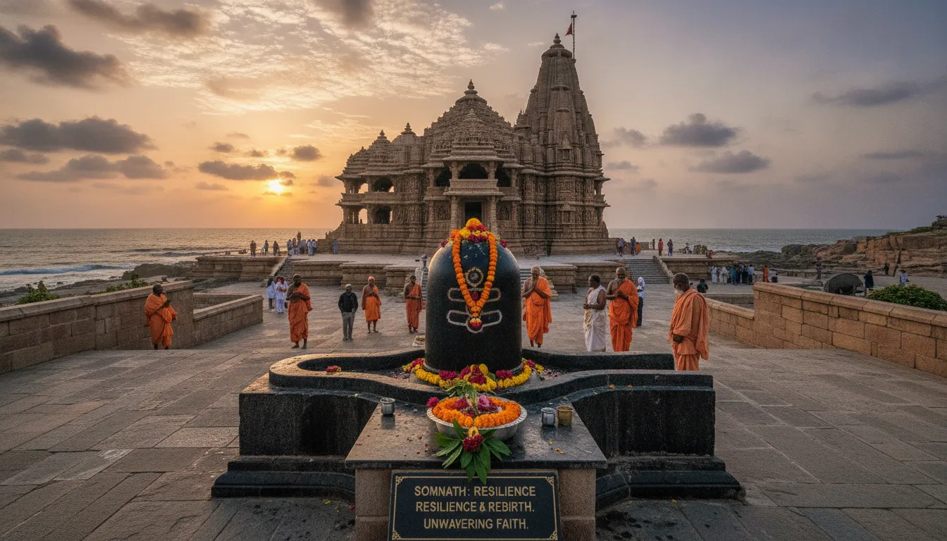 The historical Somnath Shivling standing tall, a testament to resilience and faith, alongside the magnificent reconstructed temple.