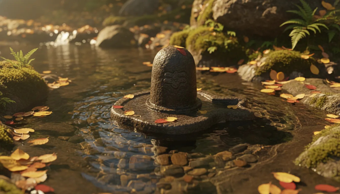 Traditional and ancient styled Lord Shivling immersed in clean mountain water.
