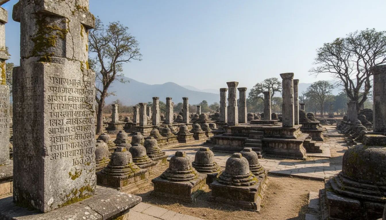 Centuries-old stone inscriptions and mini Licchavi-era stone shrines surrounding the main courtyard in Nepal.