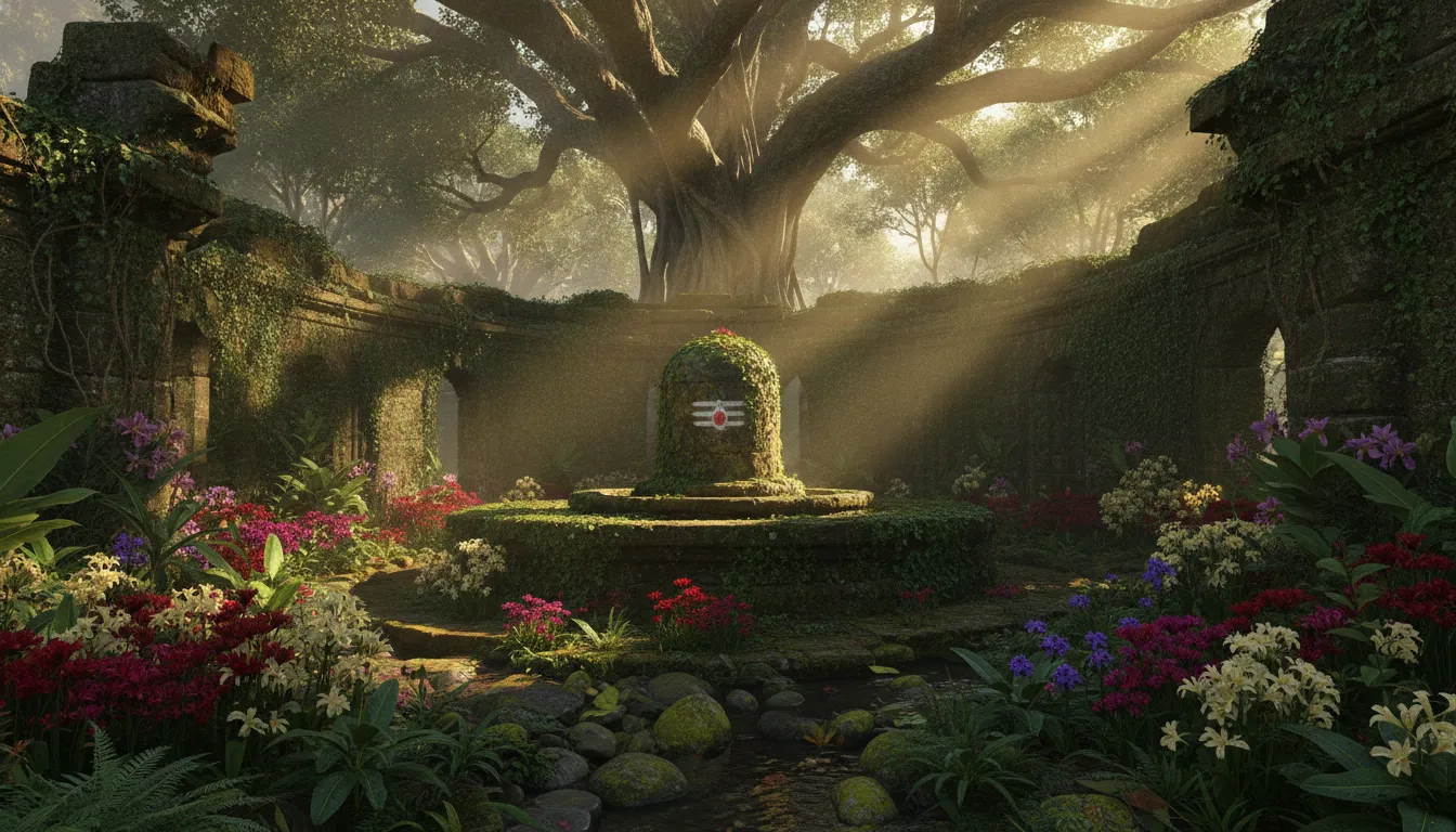 Ancient stone Lord Shivling image in HD inside a mystical forest temple with sunbeams