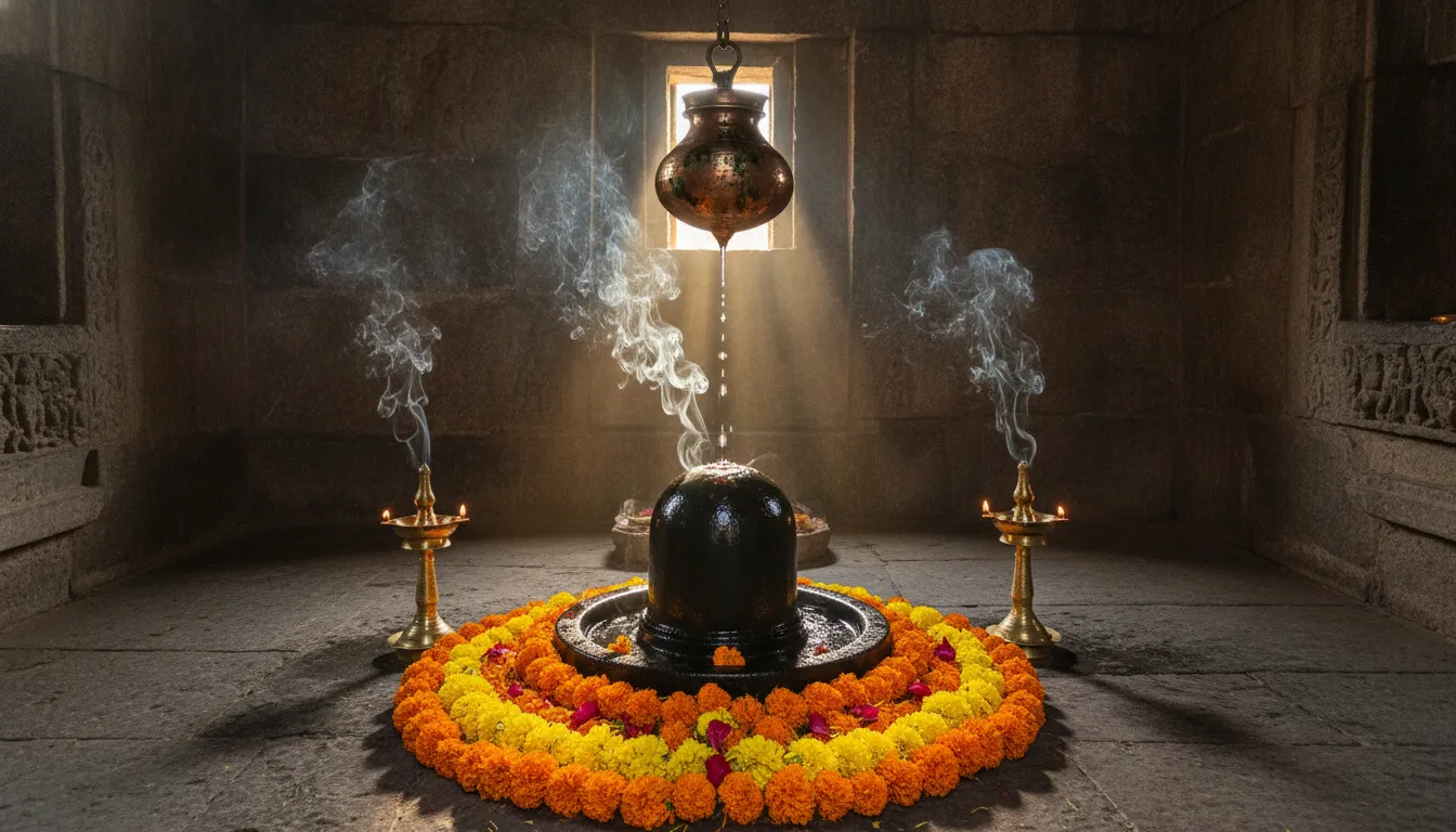Black stone Shivling inside a dimly lit ancient temple sanctuary with a dripping brass pot above it.