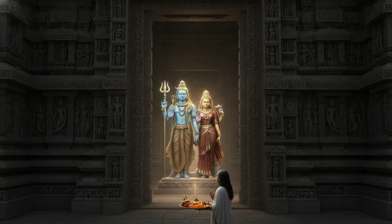 Majestic stone carvings on a temple entrance framing Shiva and Parvati blessing a visitor