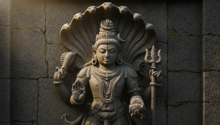 A realistic 3D render of an ancient stone sculpture depicting Harihara and Sheshnag.