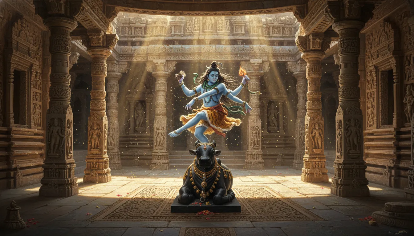 Lord Shiva dancing in the courtyard of an ancient stone temple with Nandi looking on.