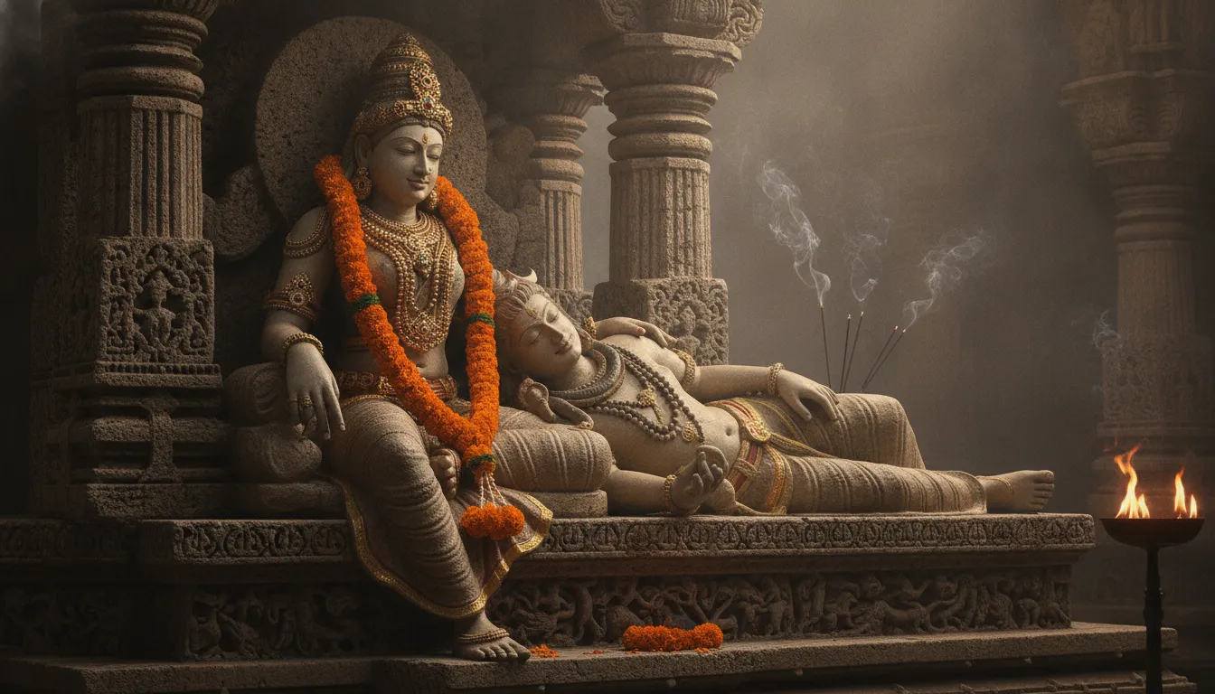 Stone sculpture style artwork of Parvati holding a resting Lord Shiva