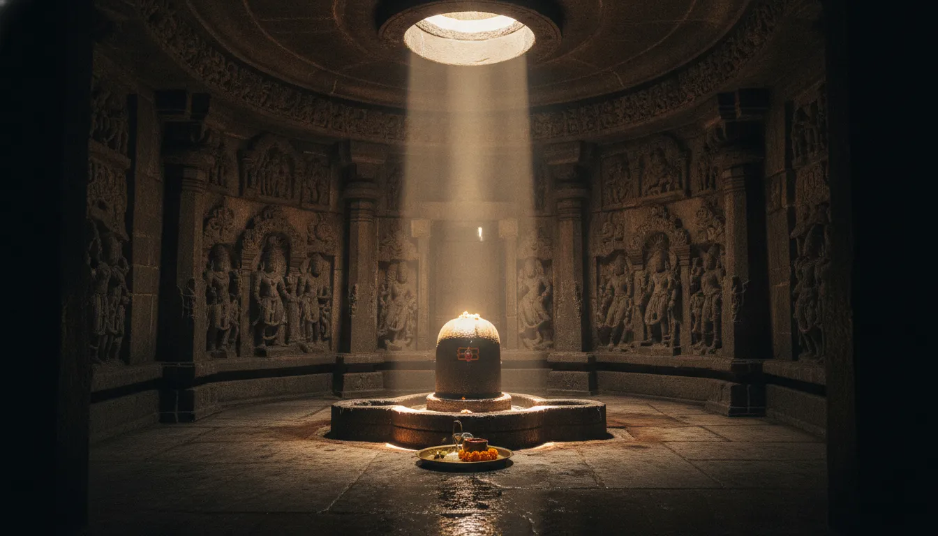 Historical stone temple sanctum shivling image black and white with rustic textures.