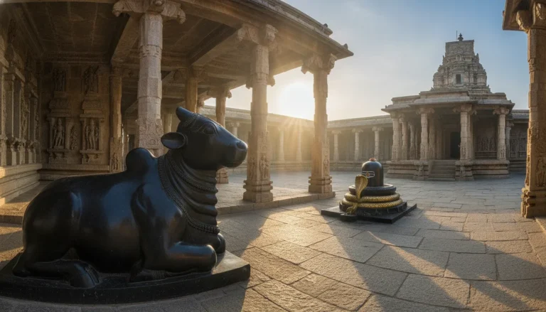 Full HD image of a stone Nandi statue sitting and facing a sacred black stone Shivling inside a temple courtyard.