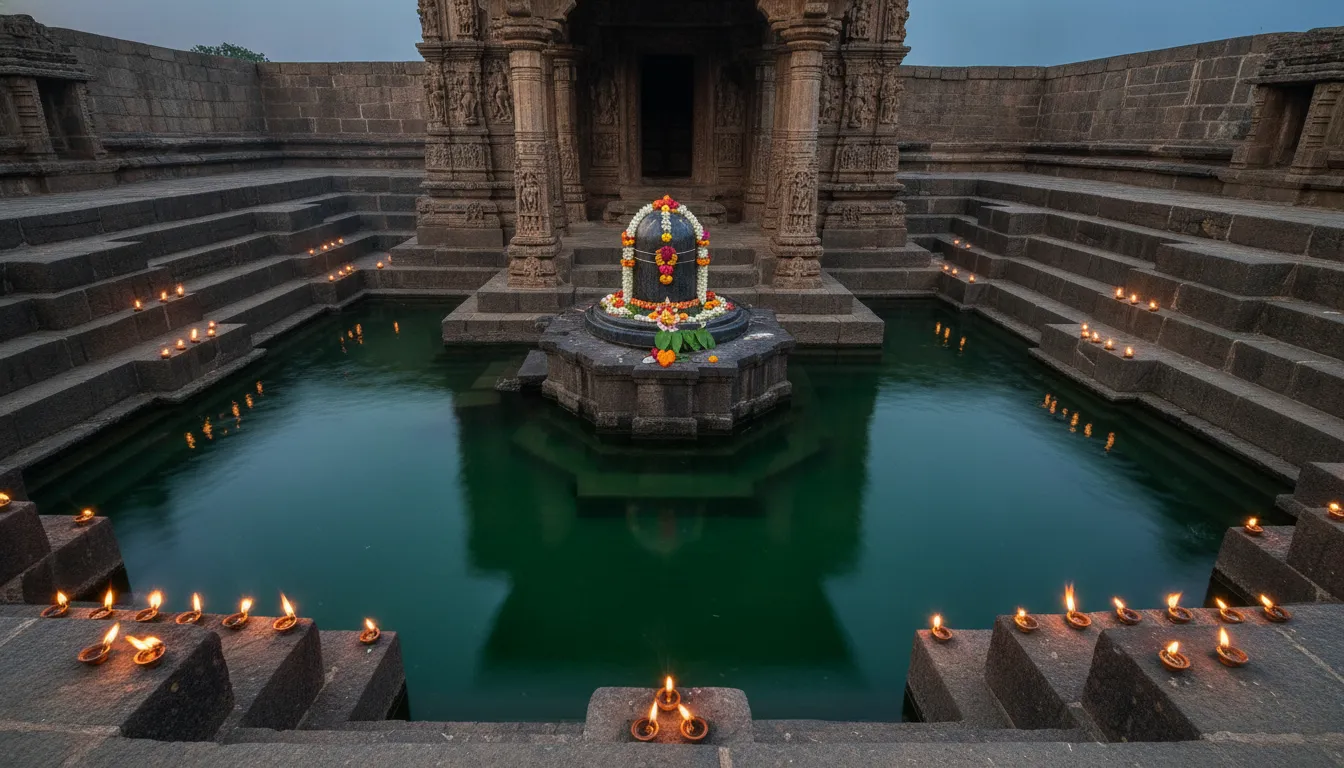 Lord Shivling submerged in the holy water tank of an ancient Indian temple courtyard.