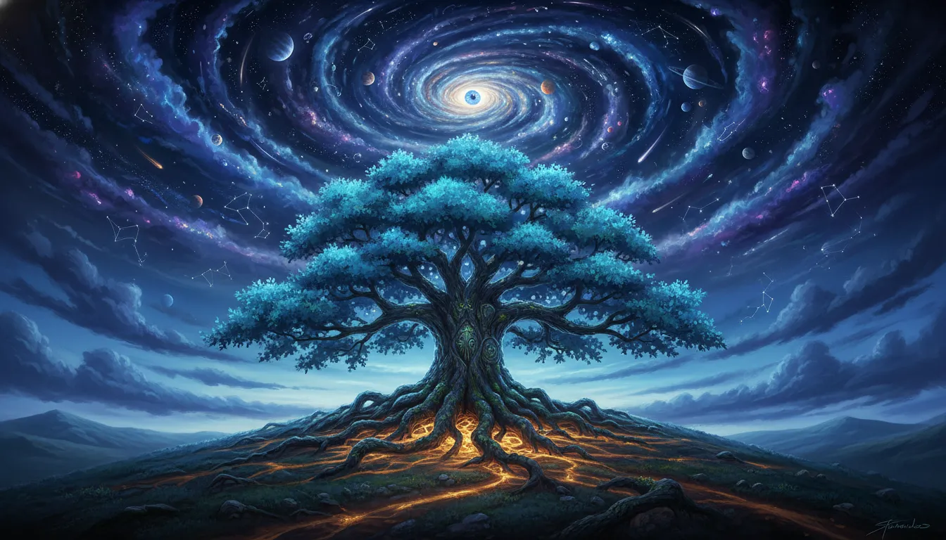 A massive ancient tree with glowing roots under a bright celestial vision in night sky