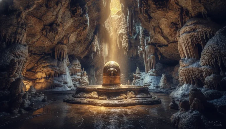 Natural rock stalagmite shivling deep inside an ancient limestone cave