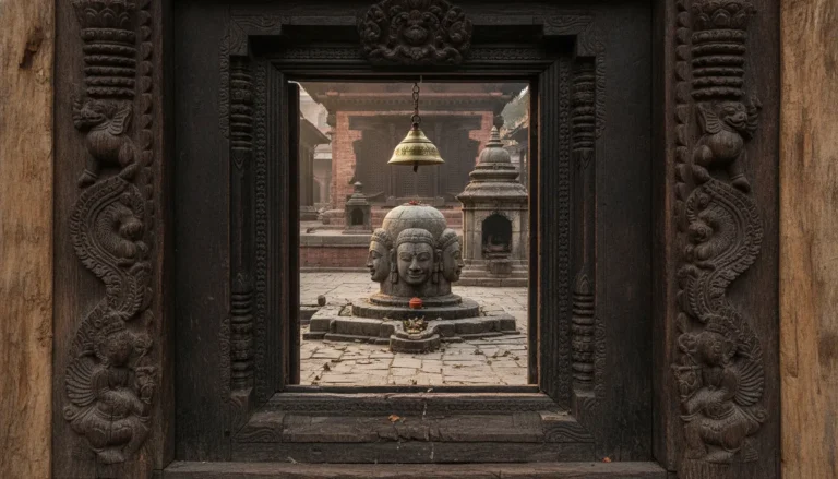 Pashupatinath style stone shivling framed by ancient carved wooden temple doors