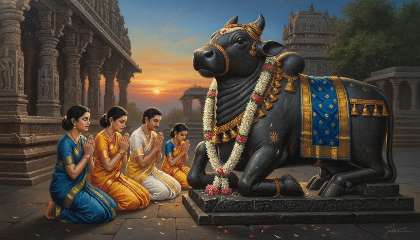 Classic family portrait with a beautifully adorned divine bull