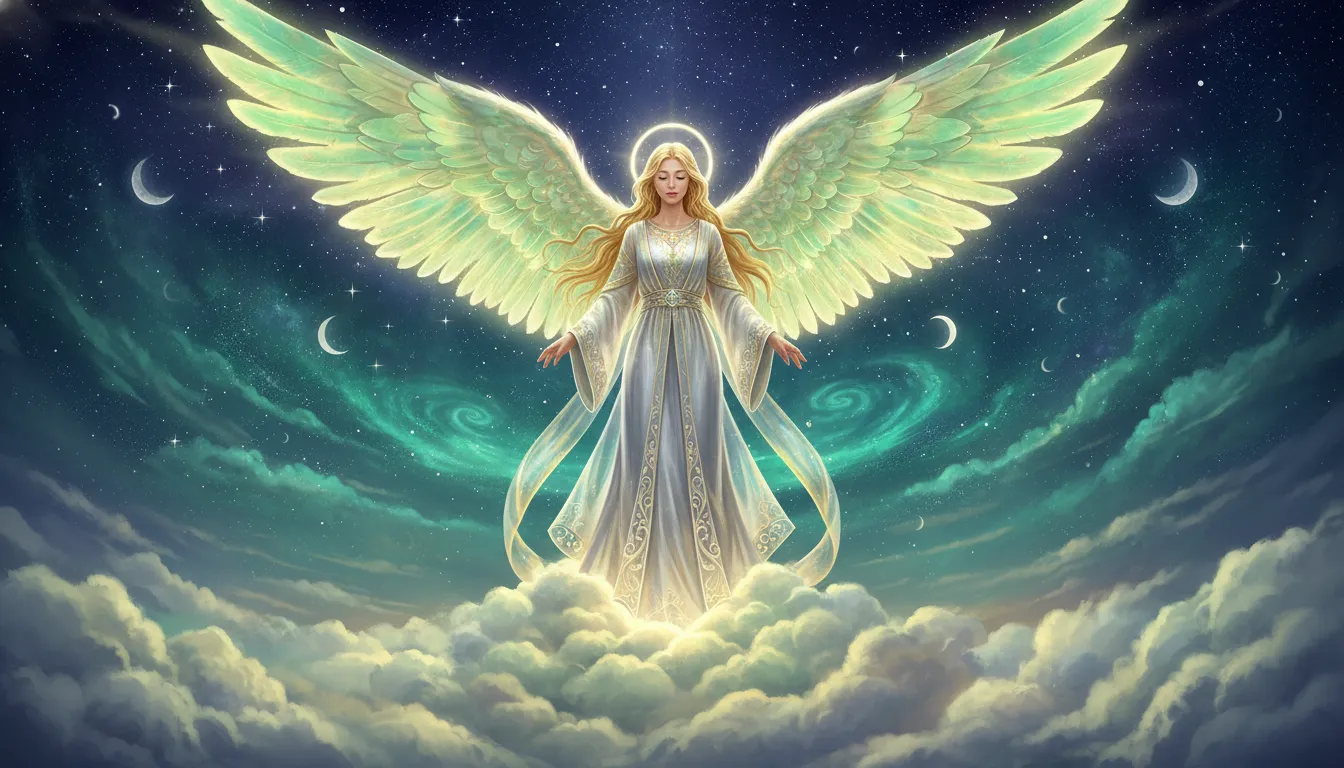 A majestic angel with large wings standing on a cloud in a bright night sky