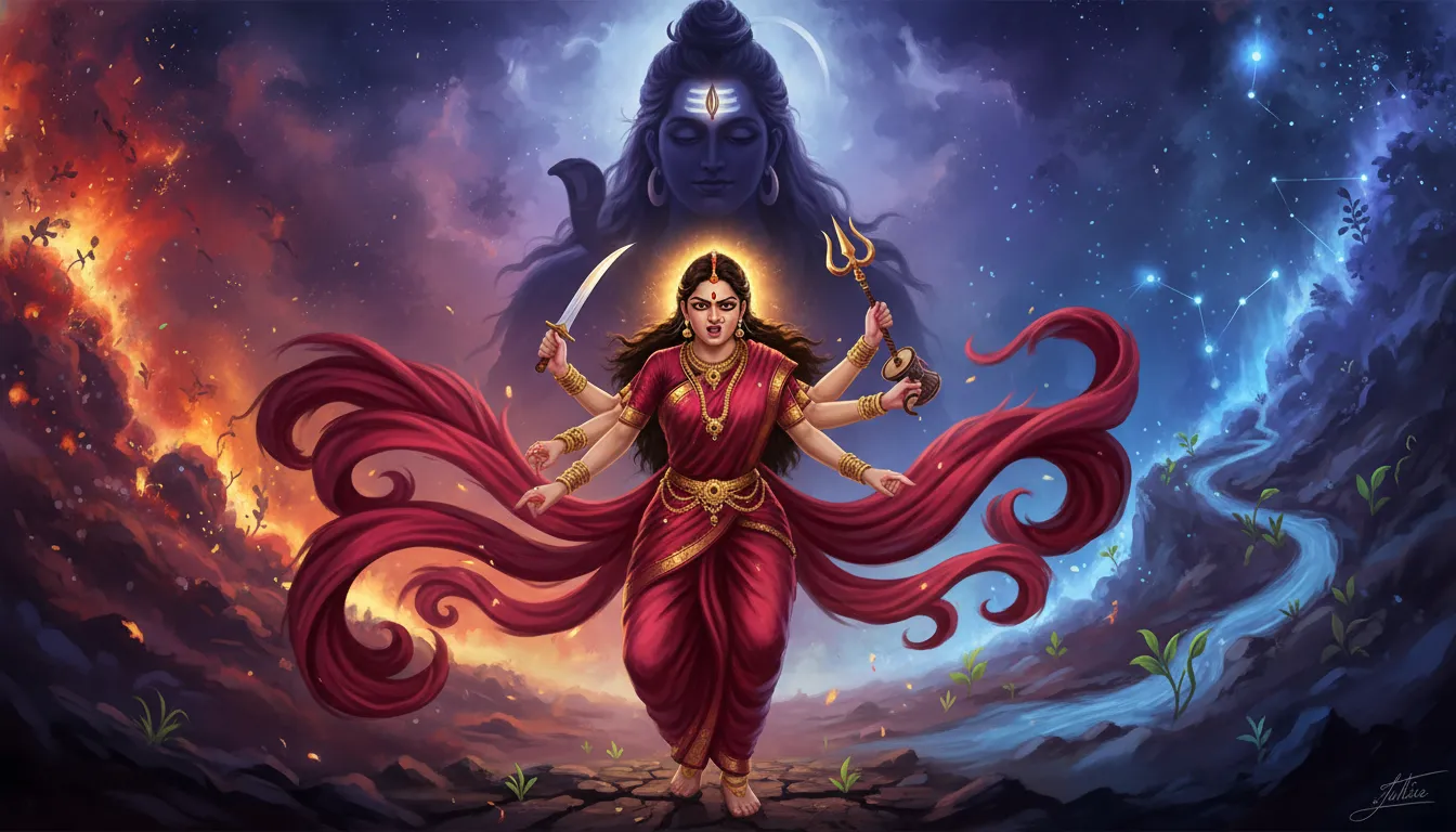 angry goddess parvati red saree shiva shadow cosmic anger backdrop