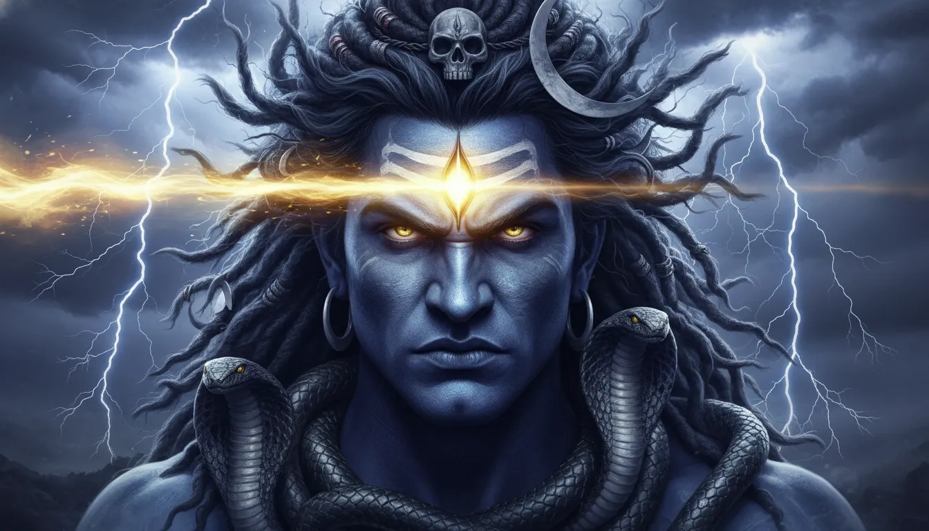 Fierce avatar of Lord Shiva as Rudra with glowing third eye wallpaper.