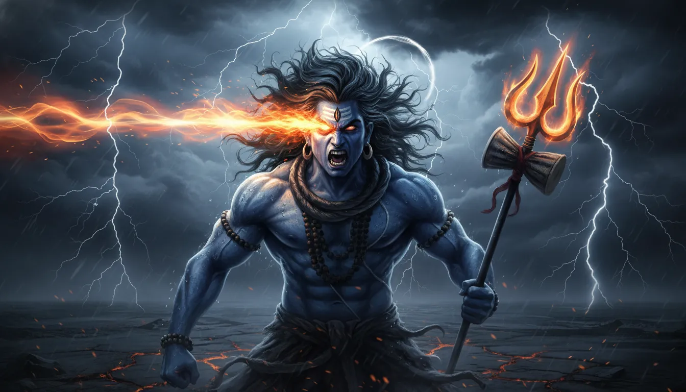 The powerful and fierce Rudra avatar of Lord Shiva with intense glowing eyes.