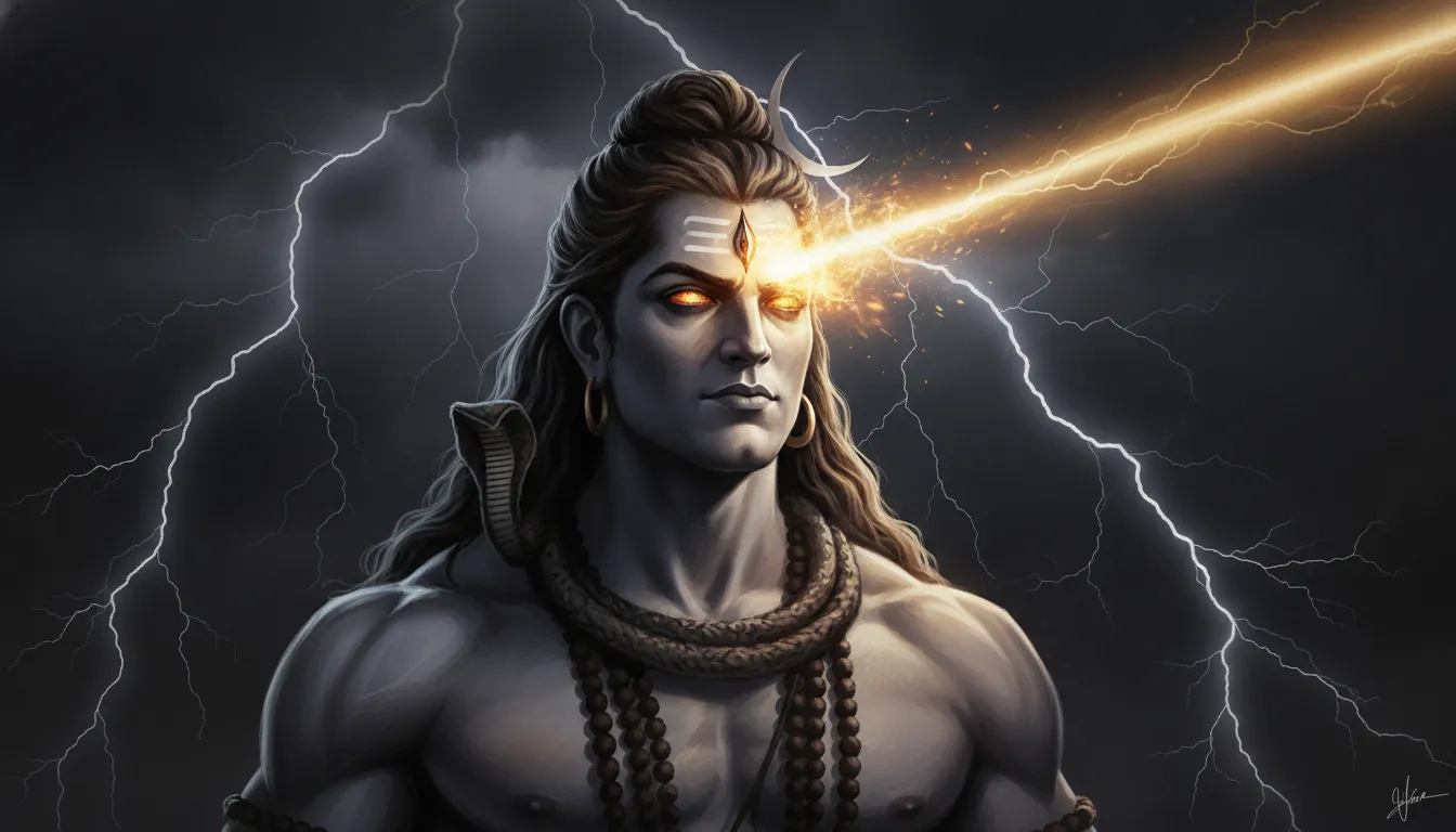 Intense digital artwork of Lord Shiva in his fierce Rudra form with the third eye opening.