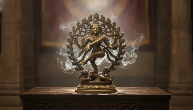 An antique brass finish Nataraja statue placed on a dark wooden altar with incense smoke.