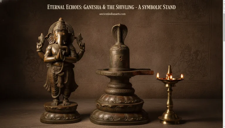 Antique brass sculpture featuring Lord Ganesha standing with folded hands next to an intricately carved Shivling