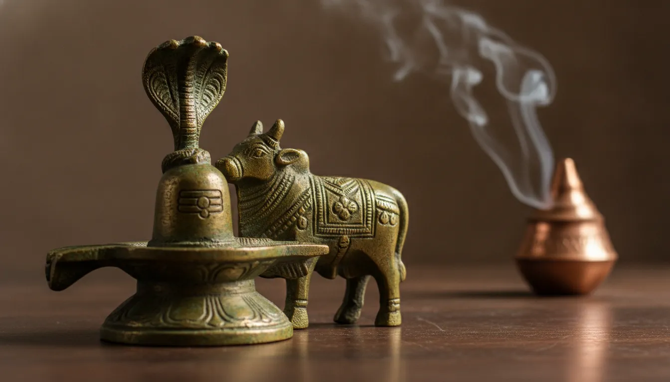 Antique brass metal finish Lord Shivling with Nandi HD image for traditional decor.