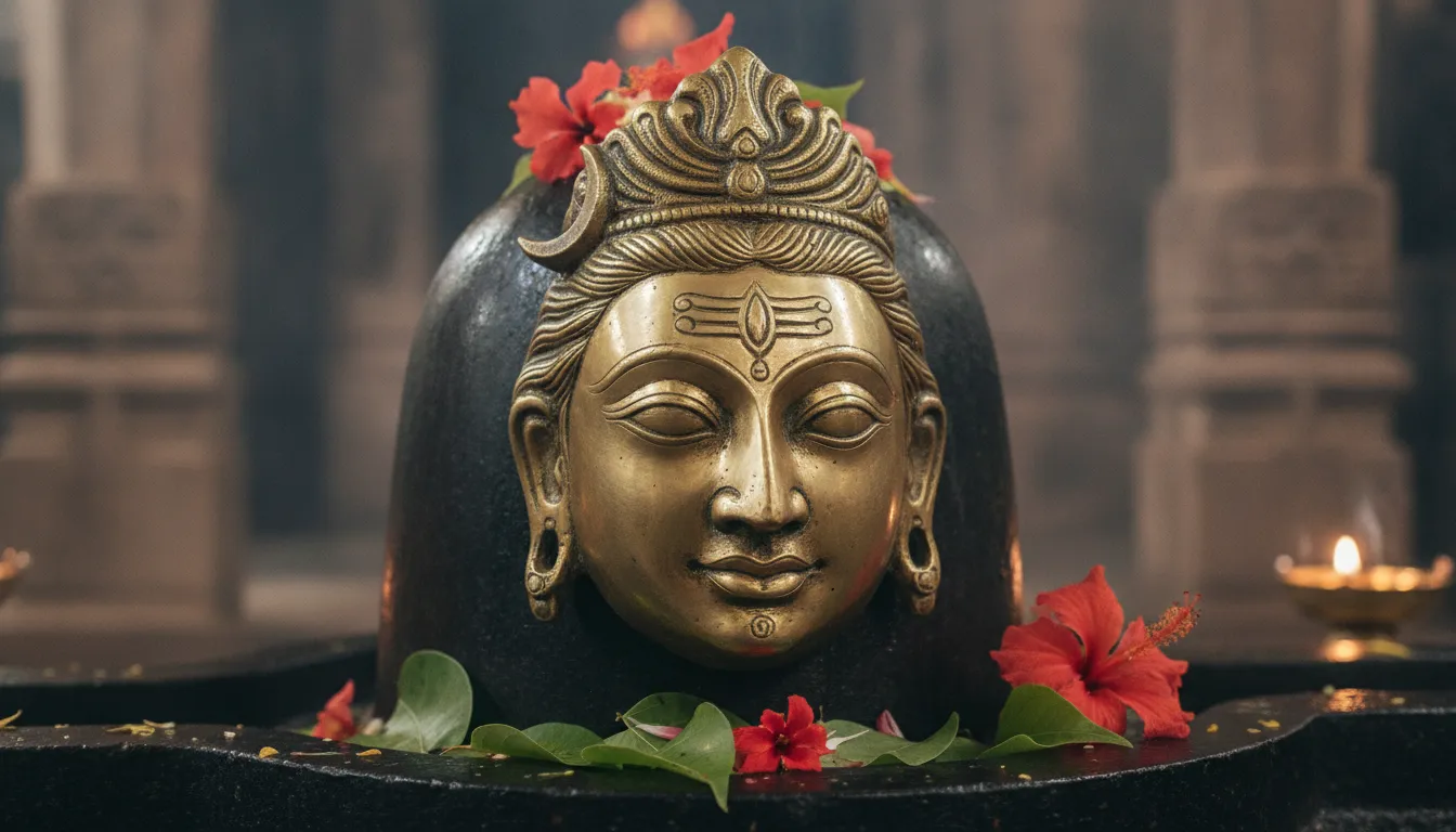 An antique metallic brass face mask of Lord Shiva mounted on a traditional stone Shivling.