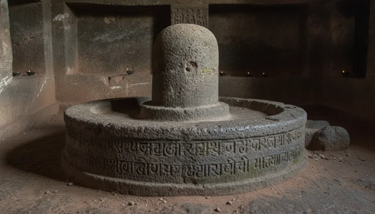 Antique weather worn stone shivling with carved ancient text in 4K